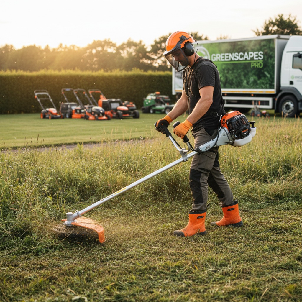 commercial strimming equipment with Sky Blue Ground Maintenance logo

